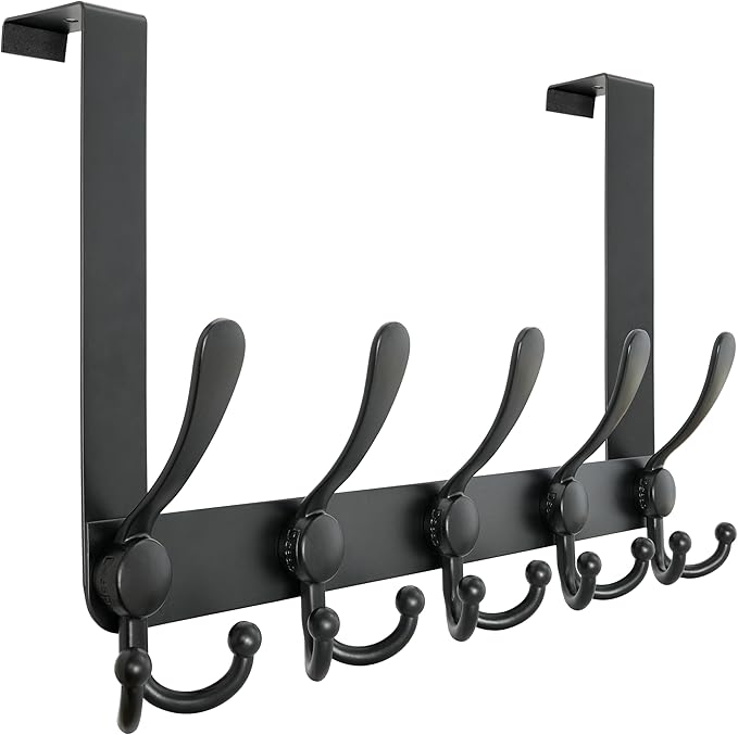 Dseap Over Door Hook 2.0 - Upgraded Version - Simple-Assembly, Strong, Heavy-Duty Stainless Steel 5-Tri-Hook Over The Door Hanger Rack, SimpleStrong Series, Black