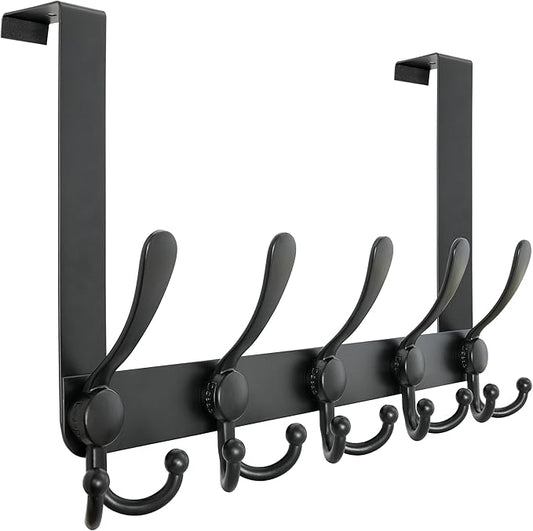 Dseap Over Door Hook 2.0 - Upgraded Version - Simple-Assembly, Strong, Heavy-Duty Stainless Steel 5-Tri-Hook Over The Door Hanger Rack, SimpleStrong Series, Black