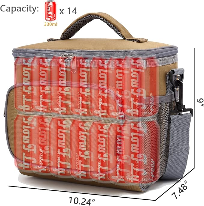FlowFly Insulated Reusable Lunch Bag Adult Large Lunch Box for Women and Men with Adjustable Shoulder Strap,Front Zipper Pocket and Dual Large Mesh Side Pockets,Brown-NeatNest