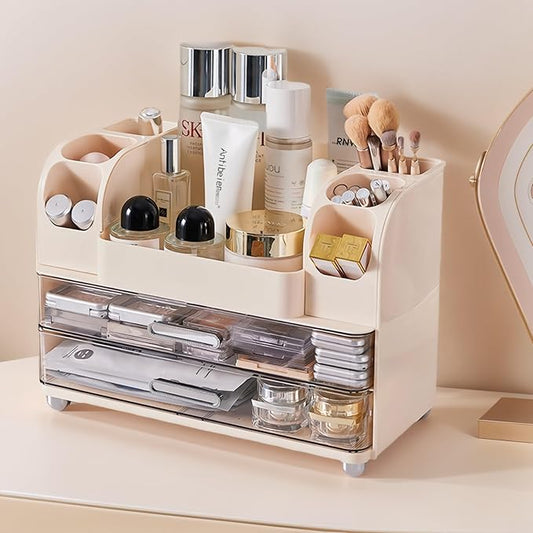 Makeup Organizer with 2 Drawers, Cosmetic Display Case, Storage Holder for Vanity, Bathroom Counter, Desk, Beauty Supplies (Cream)