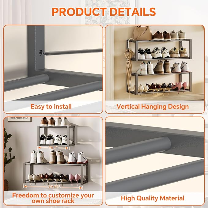 Homeiju Hanging Shoe Organizer,2 Pack Wall Mounted Shoe Rack Holds 12 Pairs,Space Saving Metal Wall Shoe Rack,Hanging Shoe Rack Shoe Holder for Small Space,Entryway,Closet,RV,Camper (Grey)-NeatNest