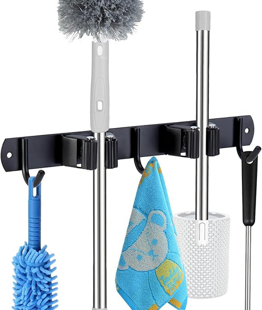 voze 2 Racks and 3 Hooks Mop and Broom Holder Wall Mount, Self Adhesive Heavy Duty Broom Organizer Storage Tool Racks for Kitchen Garden Laundry Garage-NeatNest