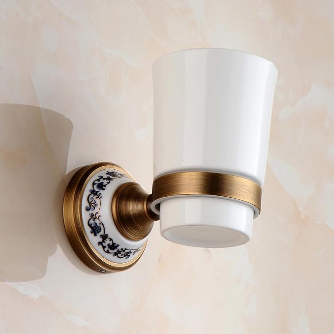 Antique Bronze Brass Toothbrush Holder Cup Holder with White Ceramic Tumbler, Wall Mounted Bathroom Hardware Accessories,Porcelain Design