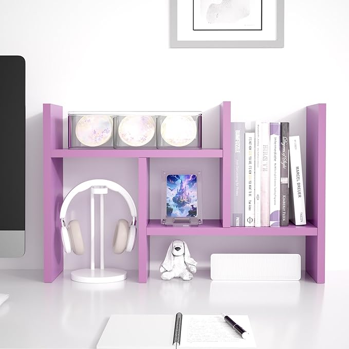 Jerry & Maggie Desktop Organizer Office Storage Rack Adjustable Wood Display Shelf Free Style Double H, Multi-Functional Mini Bookshelf for Desk Natural Stand (Violet)-NeatNest
