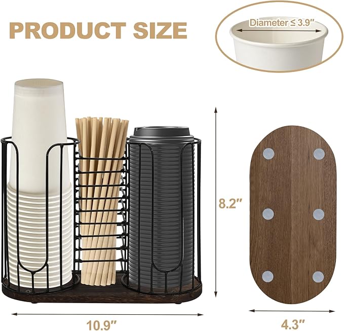 3-Compartment 18oz Coffee Cup Dispenser Rack with Wood Base, Disposable Cup, and Lid Organizer for Countertop - Perfect for Paper Cups, Straws, and Kitchen Cabinet Storage-NeatNest