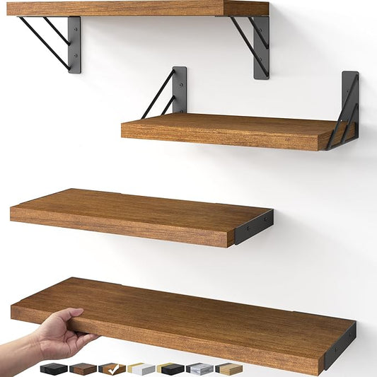 BAYKA Floating Shelves for Wall, Book Shelf for Bedroom, Decor Shelves for Living Room Kitchen, Mounted Wood Floating Shelf for Home Decor, Corner Shelf for Bathroom, Office(Walnut-Toned,Set of 4)-NeatNest