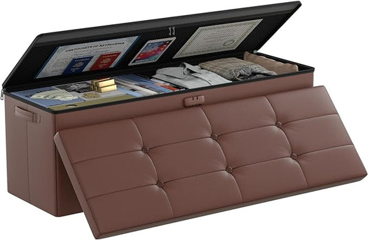 DocSafe Storage Ottoman Bench,Fireproof＆Waterproof Folding Bench with Lock(15”x 43”x15”),Leather Storage Chest with Handles＆2 Extra Boxes,Ottoman Safe for Bedroom,Living Room,Home Office,Brown-NeatNest