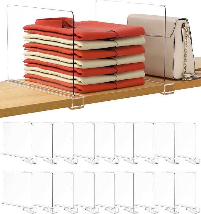 HBlife 18 Pack Clear Shelf Dividers, Vertical Purse Organizer for Closet Perfect for Sweater, Shirts, Handbags in Bedroom and Kitchen, Adjustable Acrylic Bookshelf for Organization-NeatNest