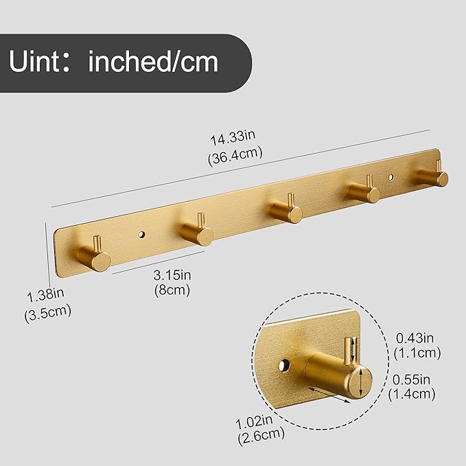 Gold 5 Wall Hooks, Brushed Gold Bathroom Hook Rail, Self Adhesive 5 Hooks Key Hook Rack Hanger Towel Robe Stick Hooks for Toilet Entryway Hallway Kitchen Wall Mounted