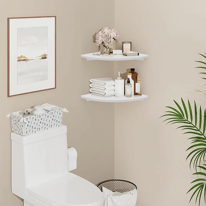 Homode Corner Wall Shelf, 12 in Wide Rounded Corner Shelf Floating, Set of 2 Wooden Hanging Corner Shelves with Wire Hole for Bathroom Living Room Office, White