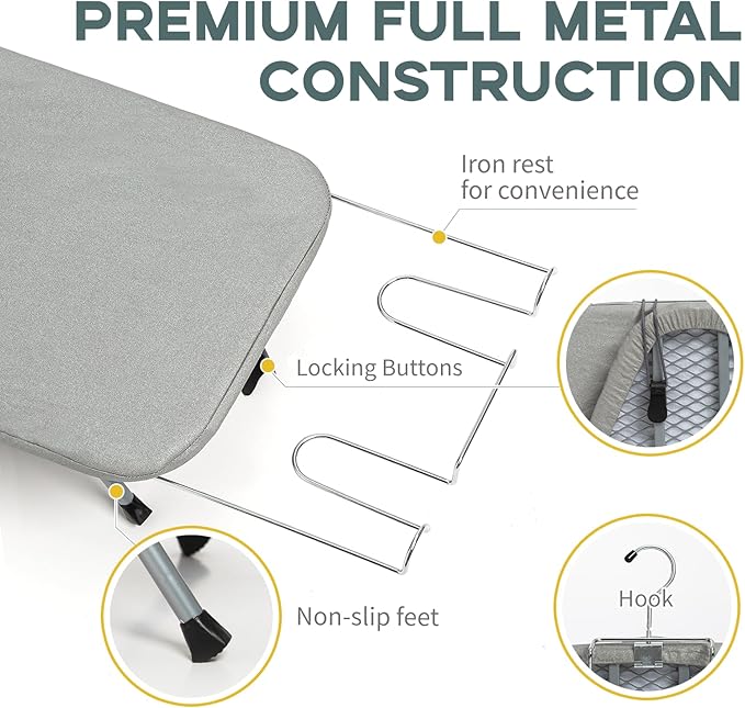 Metal Foldable Tabletop Ironing Board with Iron Rest, Portable Ironing Board Small with Heat Resistant Cotton Cover, RAINHOL Mini Iron Board for Small Space and Travel, 31"x12", Gray