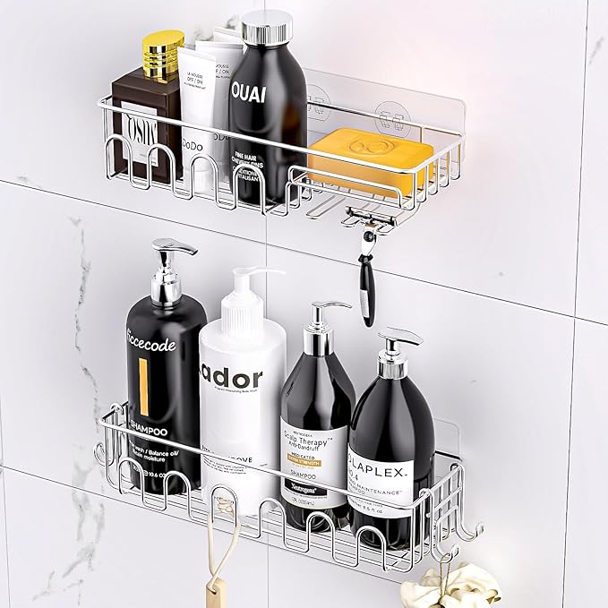 Adhesive Shower Caddy: 2 Bonus Hooks, 4-Pack Wall Mounted Bathroom Storage Shelf, Rustproof Metal Basket Organizer for Kitchen & Bathroom No Drill Silver