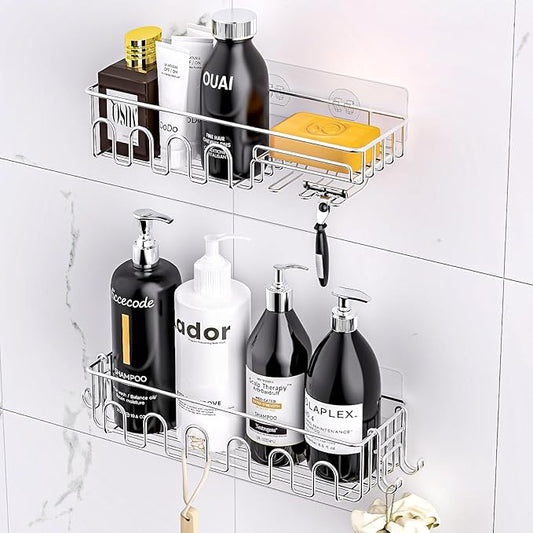Adhesive Shower Caddy: 2 Bonus Hooks, 4-Pack Wall Mounted Bathroom Storage Shelf, Rustproof Metal Basket Organizer for Kitchen & Bathroom No Drill Silver