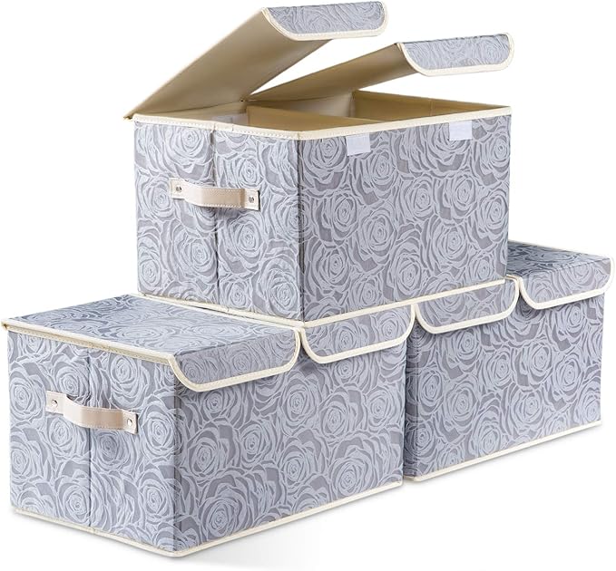 PRANDOM Large Foldable Storage Bins with Lids Fabric Decorative Storage Box Cubes Organizer Containers Baskets with Cover Handles Removable Divider for Home Bedroom Closet 17.3x11.8x9.8 Inch 3 Pack-NeatNest