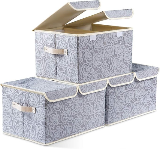 PRANDOM Large Foldable Storage Bins with Lids Fabric Decorative Storage Box Cubes Organizer Containers Baskets with Cover Handles Removable Divider for Home Bedroom Closet 17.3x11.8x9.8 Inch 3 Pack-NeatNest