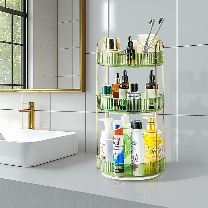 360 Rotating Makeup Organizer - Large Capacity Spinning Perfume & Cosmetic Skincare Holder for Vanity & Countertop (Gem Green, 3 Tier)-NeatNest