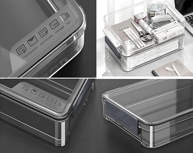 2 Pcs 5.5qt 9 x 13 Plastic Portable Project Case With Snap-Tight Latch, Clear Stackable Storage Boxes Organizer for A4 Files, Photos, Scrapbooks, Art Supplies(‎Blue Latch, Small)