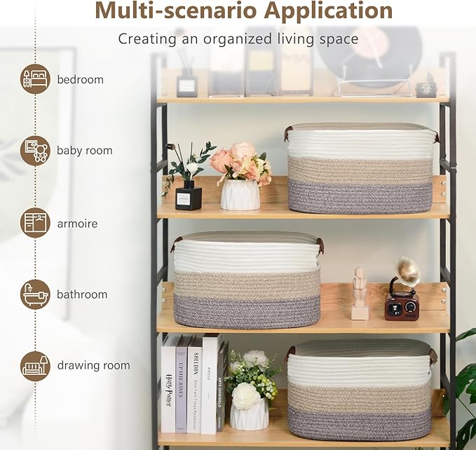 Cotton Rope Basket , Storage Baskets with Handle, 15x10x9 Inch Woven Basket for Shelves, Laundry, Towels, Clothes, Books, Toys (Gradient Brown 1 Pack)-NeatNest