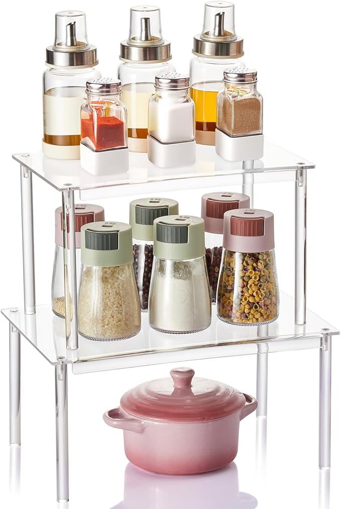 Clear Acrylic Cabinet Organizer Shelf, Set of 2 Spice Rack Organizer for Kitchen, Countertop Desk Organizers Display Riser Shelves, Stackable Kitchen Cabinet Shelf, Pantry Storage-NeatNest