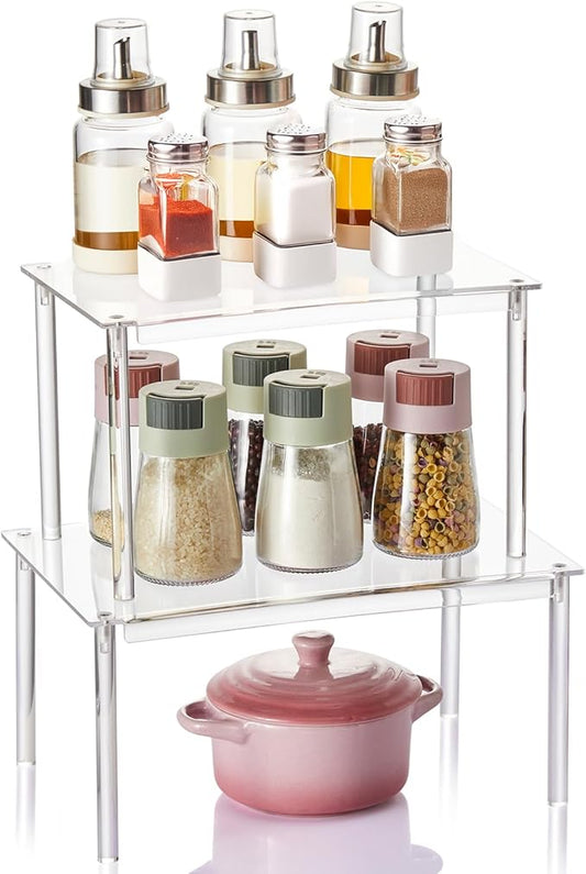 Clear Acrylic Cabinet Organizer Shelf, Set of 2 Spice Rack Organizer for Kitchen, Countertop Desk Organizers Display Riser Shelves, Stackable Kitchen Cabinet Shelf, Pantry Storage-NeatNest