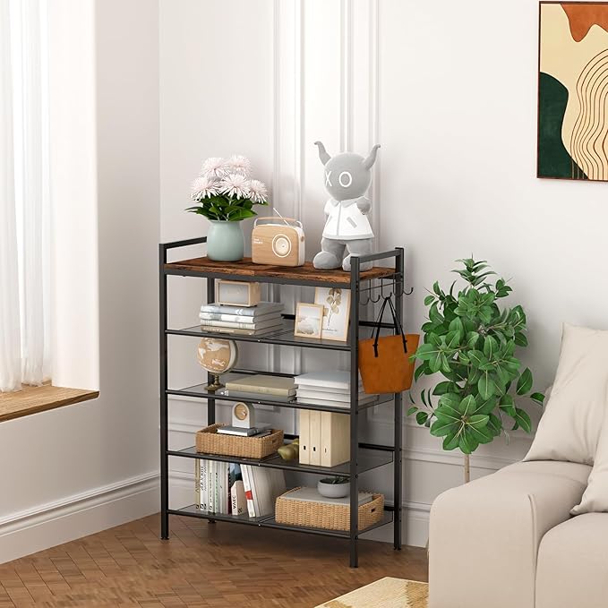 Refrze Shoe Rack for Front Door Entrance, 4 Tier Height-Adjustable Metal Shoe Rack, Sturdy Wooden Top and Tiltable Steel Frame Heavy Duty Shoe Organizer for Bathroom,Bedroom,Kitchen，Include Hook-NeatNest