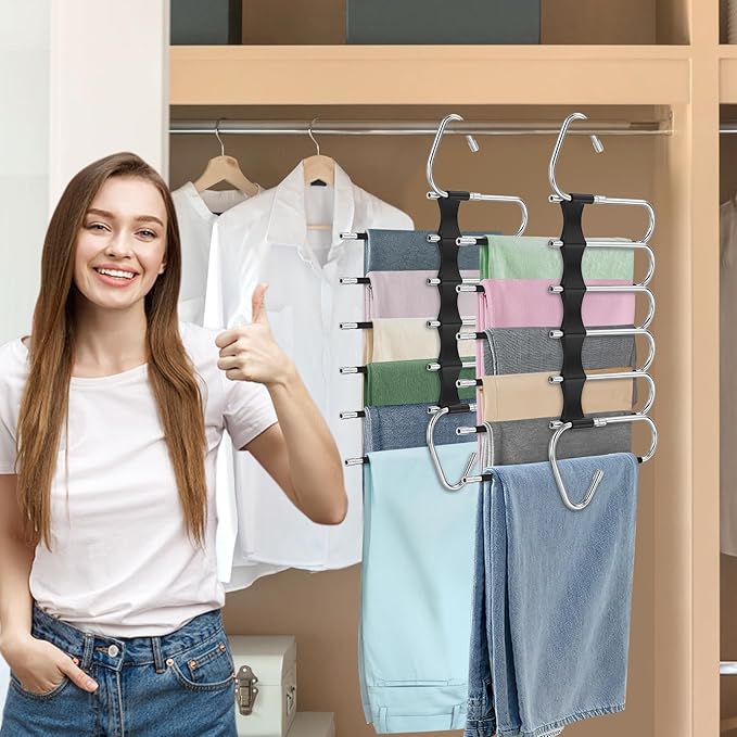 Upgrade 6 Layers Pants Hangers Space Saving, 2 Pack Stainless Steel Multifunctional Rack Non Slip S-Type Pant Closet Organizer Saver for Leggings Jeans Trousers Scarf, Black-NeatNest