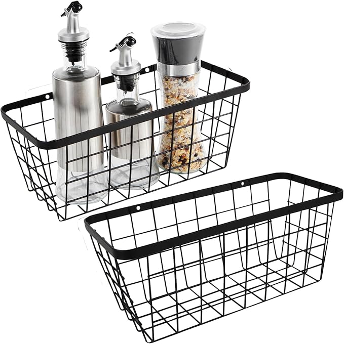 2 Pack Hanging Wall Basket Organizer Over the Cabinet Door Wire Baskets for Organizing -Space-Saving Hanging Baskets for Organizing Wall Mount Storage,No Drilling Adhesive Wall Storage Basket, Black-NeatNest