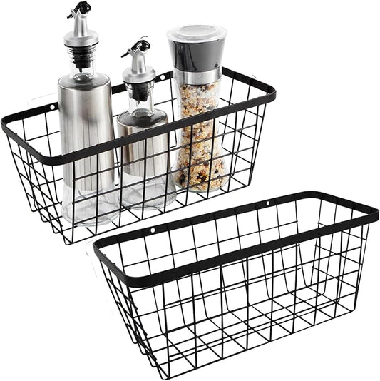 2 Pack Hanging Wall Basket Organizer Over the Cabinet Door Wire Baskets for Organizing -Space-Saving Hanging Baskets for Organizing Wall Mount Storage,No Drilling Adhesive Wall Storage Basket, Black-NeatNest
