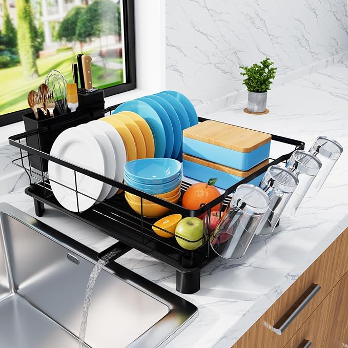 Homaxy Dish Drying Rack for Kitchen Counter (16.93''L x 12.99''W), Space-Saving Dish Drainer Rack Set with Drainboard, Large Dish Rack with Utensil Holder, Cup Rack and Knife Slots, Black