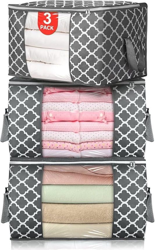 3 Pack Large Storage Bag Clothes Storage Organizer with Durable Handles for Closet Storage, Comforter, Blankets, Bedding and Toys 90 L-NeatNest