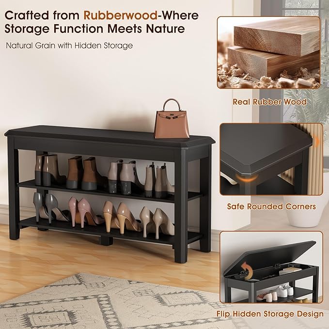 Shoe Rack Bench Seat Rubberwood 2-Tier Wooden Storage Bench 550lbs Compact Mid-Century Modern Design for Entryway, Hallway, Closet, Front Door Entrance, Foyer-NeatNest