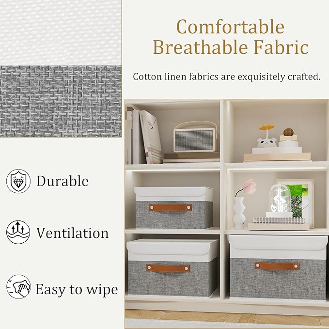 OUTBROS Large Foldable Storage Bins, Linen Fabric Box with Lid, Organiser for Shelves, Cubes For Towels, Clothes, 13 x 9.1 x 7.9 inch (White/Grey, 1-Pack)-NeatNest