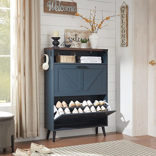 Shoe Storage Cabinet,Farmhouse Shoe Organizer with 2 Flip Drawers & Barn Door Design,Freestanding Hidden Slim Narrow Shoe Rack Cabinet with Open Storage for Entryway, Foyer,Hallway,Blue-NeatNest