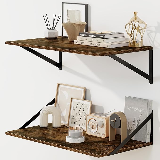 Fun Memories Floating Shelves for Wall, 12 Inch Deep Floating Shelves Set of 2, 24W x 12D Large Wall Shelf with Sturdy Metal Brackets for Living Room, Bathroom, Bedroom and Kitchen, Rustic Brown-NeatNest