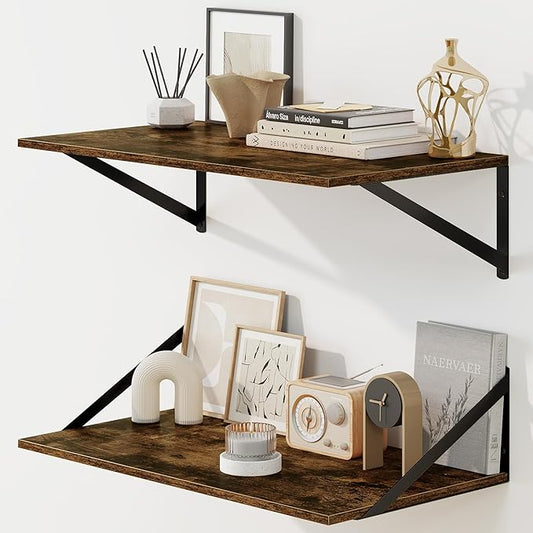 Fun Memories Floating Shelves for Wall, 12 Inch Deep Floating Shelves Set of 2, 24W x 12D Large Wall Shelf with Sturdy Metal Brackets for Living Room, Bathroom, Bedroom and Kitchen, Rustic Brown-NeatNest