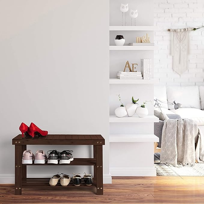 Homemaid Living Bamboo 3 Tier Shoe Rack Bench, Premium Shoe Organizer or Entryway Bench, Perfect for Shoe Cubby, Entry Bench, Bathroom Bench, Entryway Organizer, Hallway or Living Room(Brown)-NeatNest