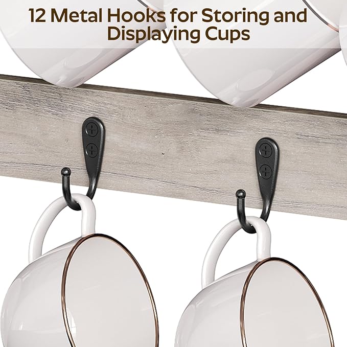 Coffee Mug Holder Stand, 3 Tier Mug Tree Rack, Hanging 12 Cups, with Top Shelf, for Kitchen, Dining Room, Living Room, Cafe, Greige and Black MH42BG-NeatNest