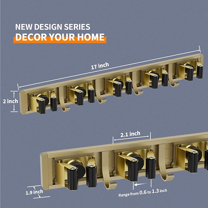 Broom Holder Wall Mount Mop and Broom Hanger Wall Mounted Garage Storage Rack Kitchen Garden Tool Organizer (5 Racks with 4 Hooks, Bronze)-NeatNest
