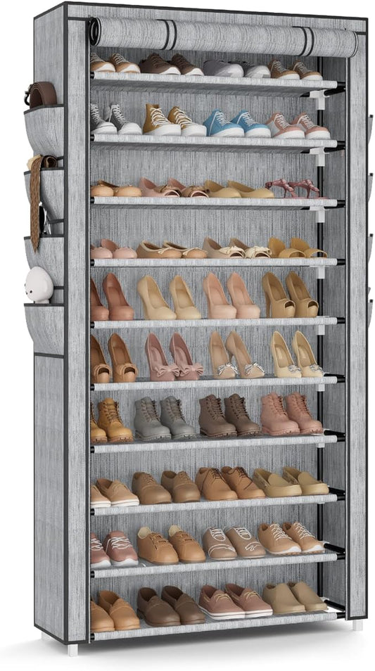 VTRIN Tall Shoe Rack with Cover, 10 Tier Shoe Organizer Storage for 50-55 Pairs Shoes and Boots Large Capacity Shoe Shelf with 8 Pockets Free Standing Shoe Rack for Closet, Entryway, Garage, Printing-NeatNest