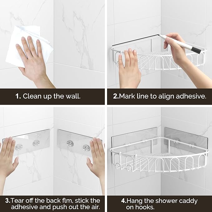 Orimade Corner Shower Caddy with 2 Hooks Wall Mounted Metal Bathroom Shelf Storage Organizer Adhesive No Drilling 2 Pack, White Only for 90-Degree Corner