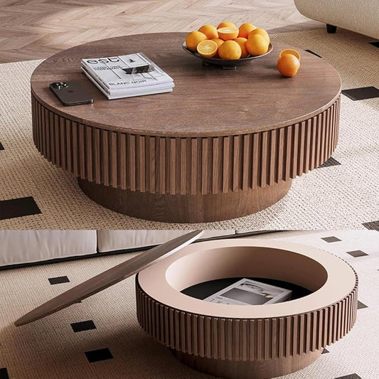 39'' Round Coffee Table with Storage Living Room Modern Wood Coffee Table with Pedestal Circle Center Tables Fluted Accent Tea Table for Apartment, Walnut