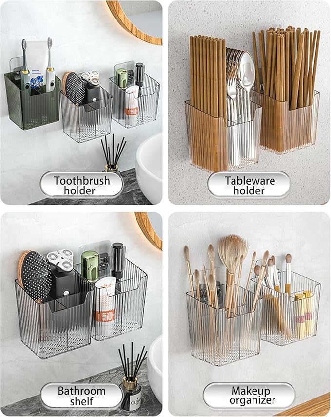 Set Of 2 Storage Organizer Bins Wall Mounted Shower Caddy, Bathroom shelves Stackable Clear Plastic Toothbrush Holder Adhesive Hanging Bin for Bathroom, Kitchen, Cabinet, Shower BPA Free Small (Clear)-NeatNest
