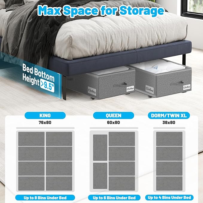 2 Pack Under Bed Storage with Wheels 10" Height, Rolling Storage Bins XXL 60L, Underbed Shoe Storage Containers with Label & Clear Lid, Dorm Under bed Drawers for Clothes, Shoes, Quick Assembly, Grey-NeatNest