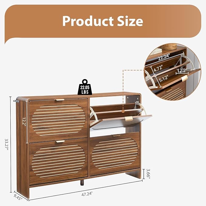 Curved Narrow Shoe Cabinet for Entryway with 4 Flip Drawers, Wooden Shoe Storage Cabinet with Stripe Panel, Freestanding Shoe Organizer Farmhouse Closed Shoe Rack for Hallway, Foyer(Walnut)-NeatNest