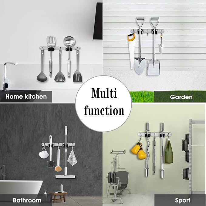 2 Racks and 3 Hooks Broom and Mop Holder Wall Mounted Garage Organizer Storage Tool Racks Stainless Steel Heavy Duty Hooks Self Adhesive Solid Non-slip Wall Hangers for Home Kitchen Garden Laundry-NeatNest