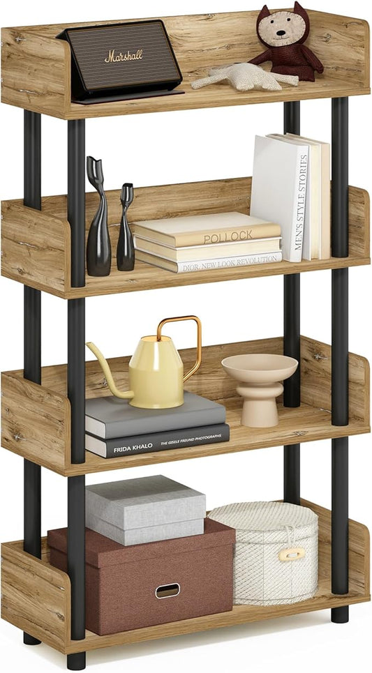 Furinno Turn-N-Tube 4-Tier Multipurposes Display Rack, Open Shelf Rack/Storage with Back & Side Panel, Flagstaff Oak/Black-NeatNest
