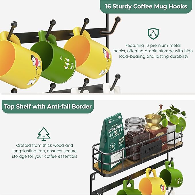 EsLuker.ly Wall Mounted Mug Hanger Rack With Hooks, Coffee Cup Holder Display, Shelf for Kitchen Coffee Bar Organizer, Space-Saving Hanging Storage for 16 Cups, Black-NeatNest