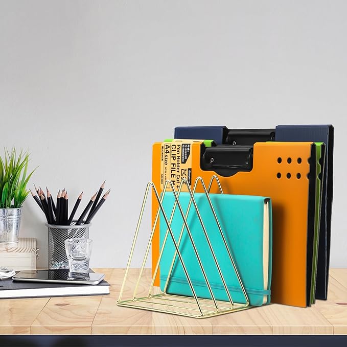 COSYAWN Triangle 7 Slot Vinyl Record Holder, Anti-Rust Metal Magazine Album Display Rack Desktop File Sorter Organizer, Paper Letter Newspaper Storage for Home Office, Gold 2 PACK