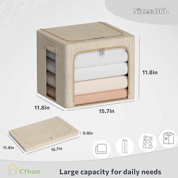 Clothes Storage Bins Box - Linen Fabric Foldable Stackable Container Organizer Set with Clear Window & Carry Handles & Metal Frame for Bedding, Blankets, Books (Beige, Medium-36L)-NeatNest