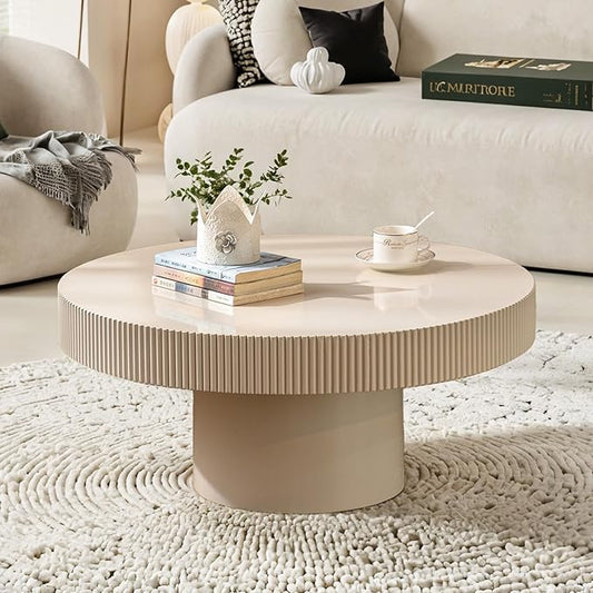 Handmade Round Grooved Drum-Shaped Coffee Table、Rustic Modern Circular Centerpiece for Living Room & Farmhouse Decor、Easy to Clean (A White 30.7in)